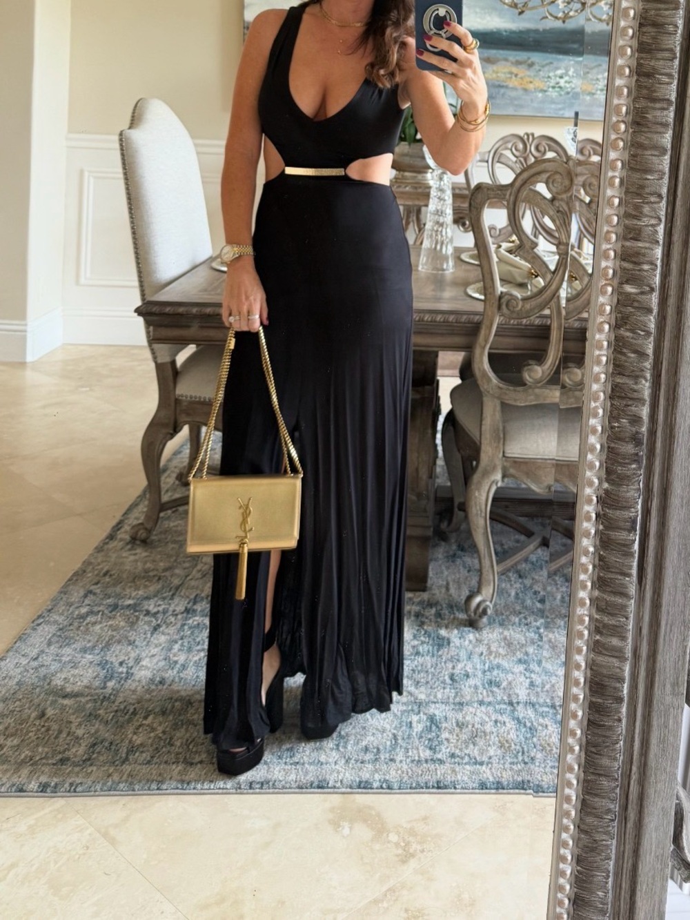 BCBGMaxAzria Black Cutout Maxi Skirt with Gold Accent